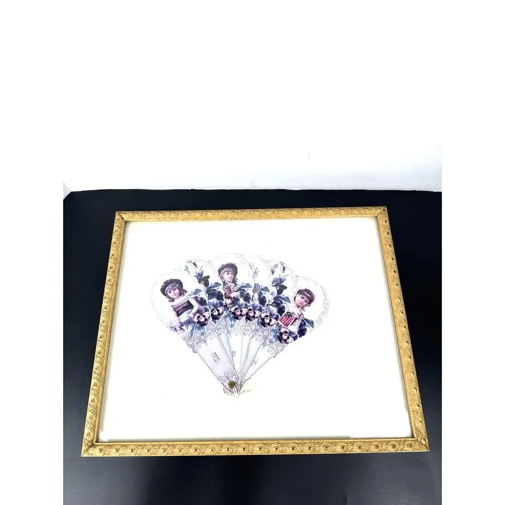 Gold Framed Victorian Girls Paper Fan Greeting Card by Old Print Factory Reprod.